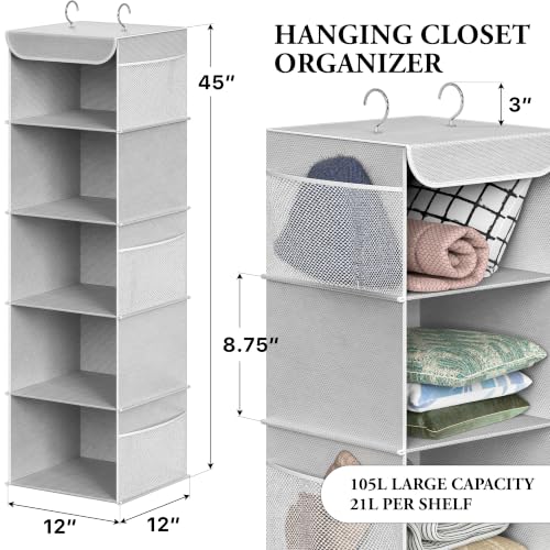 Simple Houseware 5 Shelf Hanging Closet Organizer, Gray | 360° Rotating Dual Hooks, Top Support Metal Frame, 6 Side Mesh Pockets