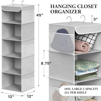 Simple Houseware 5 Shelf Hanging Closet Organizer, Gray | 360° Rotating Dual Hooks, Top Support Metal Frame, 6 Side Mesh Pockets