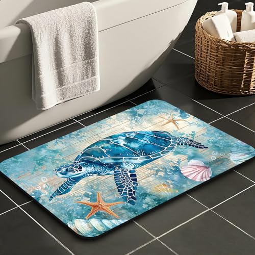 Turtle Bathroom Rugs, Quick Dry Absorbent Non Slip Bath Mat 16x24 in | Rubber Backing, Machine Washable Bathroom Mat for Shower, Tub and Sink Areas with Beach Seashell Ocean Blue