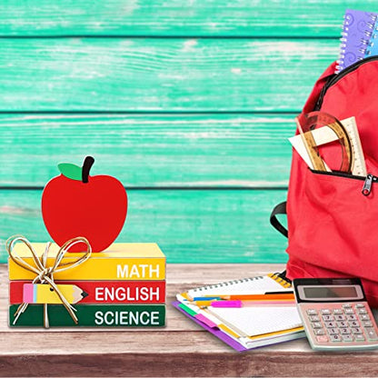 4 Pcs Back to School Table Decoration Wooden Apple Decorative Trays | Apple Prop with Pencil Stacks Books Centerpiece First Day of School Gifts Desktop for Teachers Office Classroom Decor