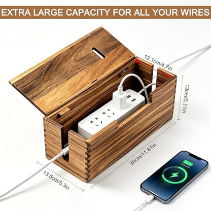 Acacia Wood Cable Management Box, Wooden Cord Hider Organizer for Power Strip, Electrical Hiding, TV Wires, Desk & Floor Cables, Under Desk Cable Organizer for Home Office