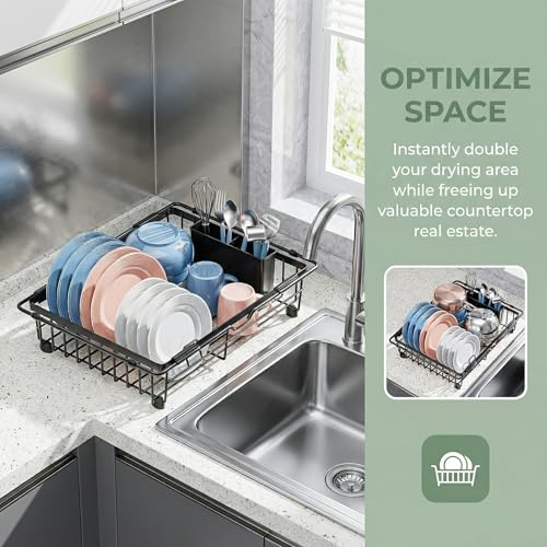 Expandable in Sink Dish Drying Rack - Adjustable Capacity Over The Sink Dish Drainer Drying Rack with Utensil Holder for Kitchen Counter, Drying Rack for Small Space,14.96“L x 11.81“W x 3.74”D