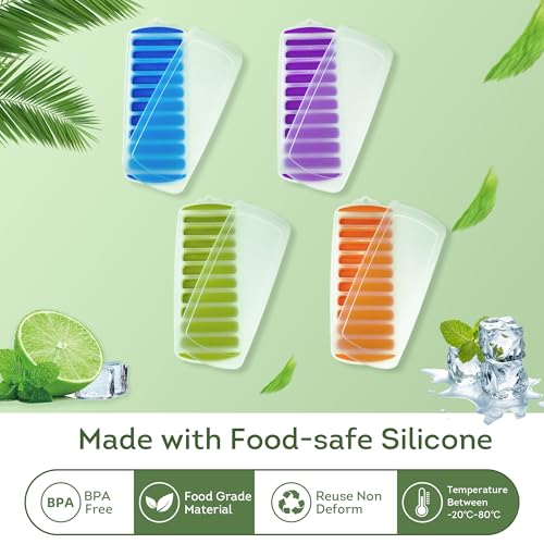 Lily's Home Silicone Ice Cube Tray with Lid Set of 4, BPA-Free, Ideal for Water Bottles & Sports Bottles, Flexible & Stackable Design for Quick Release, Ice Cube Trays for Freezer(11.81"*4.72"*0.95")