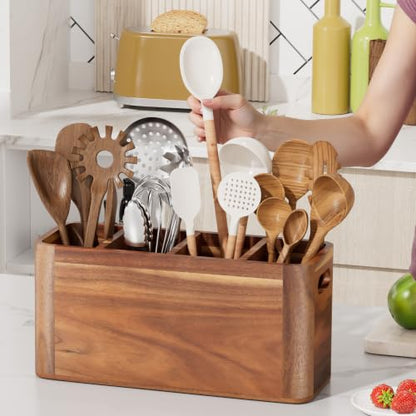 ZUJJAFY Utensil Holder, Extra Large Kitchen Utensil Holder for Counter with 4 Compartments, Wooden Kitchen Utensils Organizer for Countertop Cooking Spatula Storage, Acacia Wood