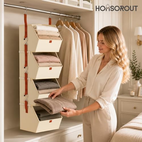 Hanging Closet Organizer 4 Tier - Clothes Hanging Shelves, Space-Saving Closet System, Fabric Storage Bins Bedroom Organization, Collapsible Baskets for Home, Dorm, Rv, Beige