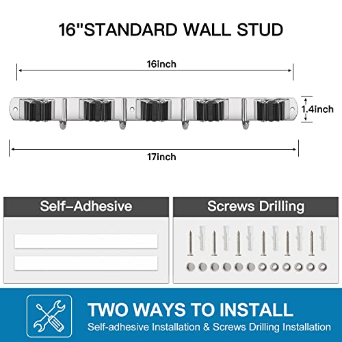 IMILLET 2 Pack Broom Holder Wall Mount Stainless Steel Mop Organizer | 5 Racks 4 Hooks Heavy Duty Garage Organization Storage,Broom and Mop Organizer Wall Hanging Self Adhesive for Laundry Room