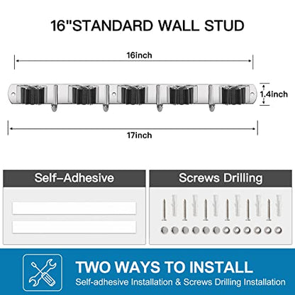 IMILLET 2 Pack Broom Holder Wall Mount Stainless Steel Mop Organizer | 5 Racks 4 Hooks Heavy Duty Garage Organization Storage,Broom and Mop Organizer Wall Hanging Self Adhesive for Laundry Room