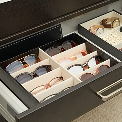 Juvale Glasses Case Organizer - 8-Slot, 12.6 x 9.8 x 2.5 in, Black Faux Leather - Sunglasses Storage & Holder for Nightstand & Desk - Flip-Top Display Case