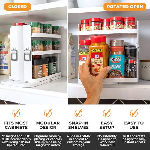 Spice Rack Organizer for Cabinet - Slide & Rotate Seasoning Organizer - 4 Snap-In Adjustable Shelves for 5 Tier of Storage - Magnetic Modular Design - 8.9”H x 6.1”W x 10.8”D