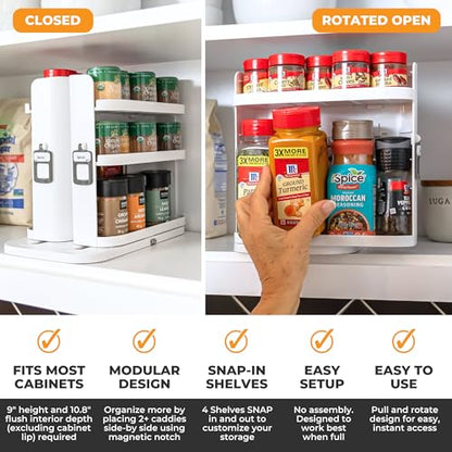 Spice Rack Organizer for Cabinet - Slide & Rotate Seasoning Organizer - 4 Snap-In Adjustable Shelves for 5 Tier of Storage - Magnetic Modular Design - 8.9”H x 6.1”W x 10.8”D