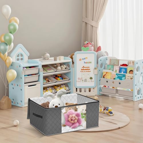 12 Pack Clothes Organizer Storage Bags, 35l Large Capacity, Foldable Underbed Storage Bags, with Clear Window Reinforced Handles for Blankets, Clothes, Comforters, Grey