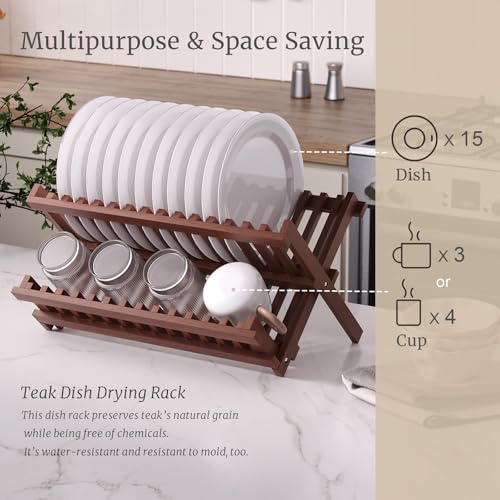 VERTORGAN Teak Dish Drying Rack,Folding Collapsible Drainer Plate Organizer Holder for Kitchen,Foldable Spice Rack for Countertop and Cabinet,Pantry Organization and Storage