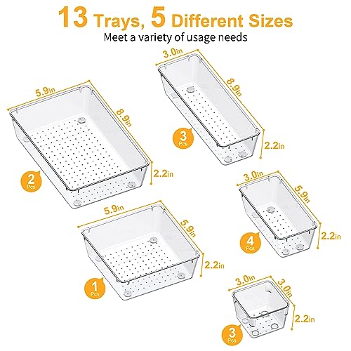 SMARTAKE 13-Piece Drawer Organizers with Non-Slip Silicone Pads, 5-Size | Clear Desk Bathroom Drawer Organizer Trays Storage Tray for Makeup, Jewelry, Utensils in Bedroom Dresser, Office and Kitchen