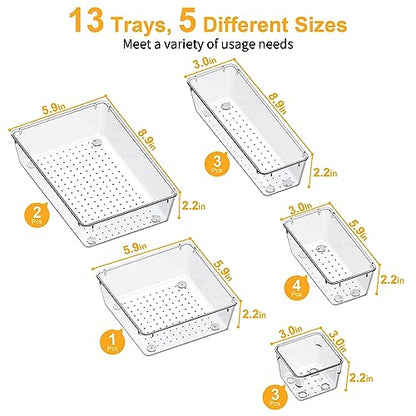 SMARTAKE 13-Piece Drawer Organizers with Non-Slip Silicone Pads, 5-Size | Clear Desk Bathroom Drawer Organizer Trays Storage Tray for Makeup, Jewelry, Utensils in Bedroom Dresser, Office and Kitchen