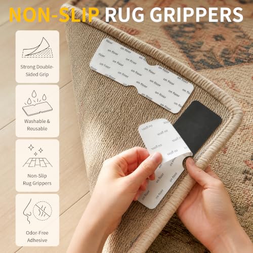 Rug Grippers for Hardwood Floors, No Damage Reusable Non Slip Rug Tape Pads, Washable Strong Adhesive Carpet Grippers for Area Rugs, Keep Corners Flat, Low-Profile Floor-Safe Removal (8)
