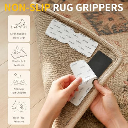 Rug Grippers for Hardwood Floors, No Damage Reusable Non Slip Rug Tape Pads, Washable Strong Adhesive Carpet Grippers for Area Rugs, Keep Corners Flat, Low-Profile Floor-Safe Removal (8)
