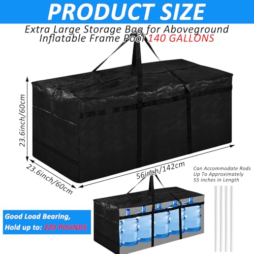 Black Extra Large Storage Bag for Pools with 4 Handles - for Aboveground Inflatable Frame Pools Waterproof Storage Bags for Above Ground Pool Heavy-duty Pool Cover Accessories Storage,56''x23''x23''