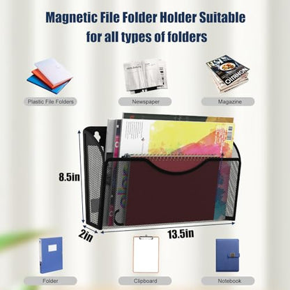Magnetic File Holder 2 Pockets File Folder Organizer, Office Hanging Magazine Rack for Refrigerator, White Board, No Drilling Paper Document Holder Mail Organizer for File Cabinets