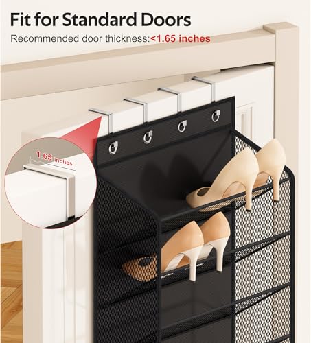 12 Tier Over the Door Shoe Organizer for Closet, Holds 24 Pairs Hanging Shoe Rack for Door with Mesh Pockets, Narrow Shoe Holder Hanger for Sneakers, Boots (Black)