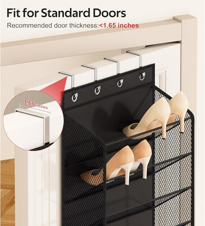 12 Tier Over the Door Shoe Organizer for Closet, Holds 24 Pairs Hanging Shoe Rack for Door with Mesh Pockets, Narrow Shoe Holder Hanger for Sneakers, Boots (Black)