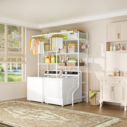 U13 Medium Over Washer and Dryer Storage Shelves, 6 Tiers Laundry Rack | Metal Clothes Drying Rack Space Saver with 2 Hanger Rods and Hooks, Laundry Room Standing Shelf Above Washer Dryer, White