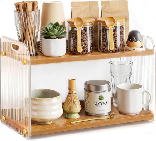 2 Tier Coffee Station Organizer - Acrylic & Pine Wood -15.75" x6.18" x9.37" | Easy-to-Clean coffee bar shelf, Matcha Station for Kitchen Countertops, for Placing Mugs, Coffee Beans, Syrup, Cups etc.