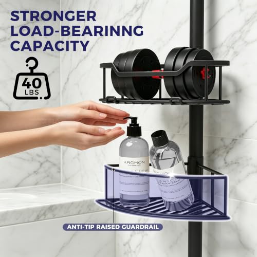 Corner Shower Caddy Tension Pole, 4-Tier Fan-Shaped Adjustable Rustproof Bathroom Organizer Shelves, 47"-125'', No-Drill Quick Installation for Inside Shower, Bathtub, Black (BLACK)