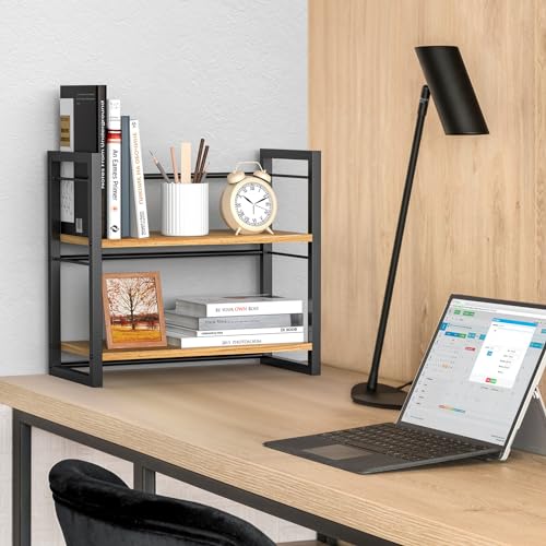 Office Desk Shelf Organizer, Wood Desktop Bookshelf Supplies Storage Rack, Shelf for Top of Desk and Dresser (Black-2 Tier)