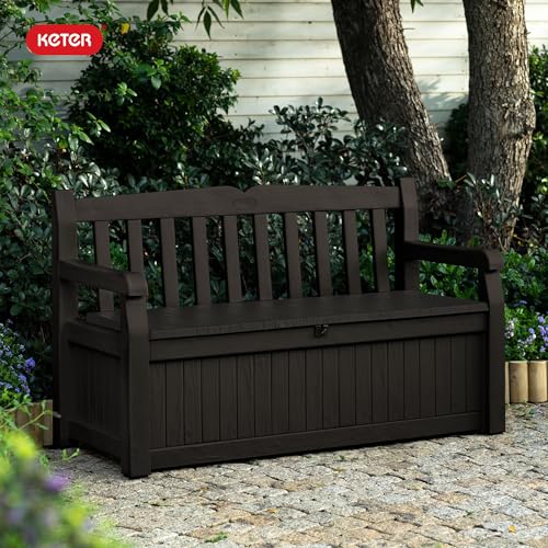 Keter Solana 70 Gal Outdoor Storage Bench for Patio and Pool Accessories | Brown, Resin, Seating, Weatherproof, Lockable, Durable, Easy Assembly, Organization, Patio Cushions Storage, Garden Tools