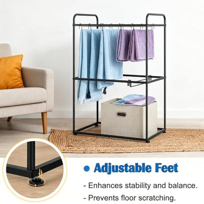Freestanding Pants Rack Stand 2 Tier Black Pants Rack for Closet, Metal Trouser Rack with 26 Pant Hangers for Jeans, Scarves, Towels