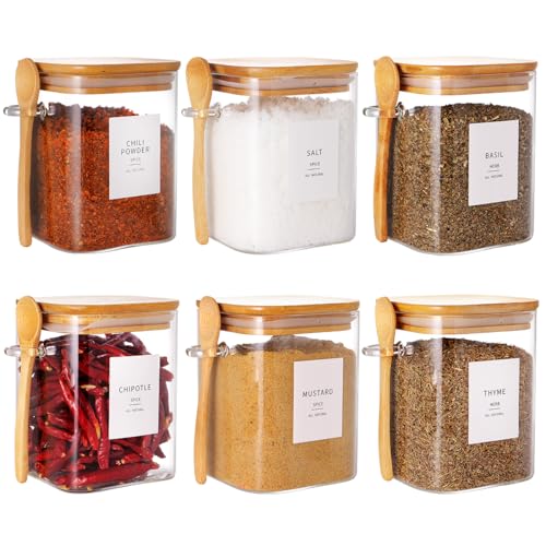 HHMJSM 6 Pcs Square Glass Jar with Bamboo Lid and Spoon - 27 oz Large Sugar Container with 148 Kitchen Pantry Spice Jar Labels Preprinted - Glass Containers with Wooden Lids Hold Coffee, Tea, Candy
