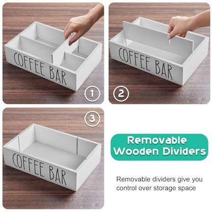 ALELION White Coffee Station Organizer with Removable Dividers – Wooden Coffee Bar Countertop Organizer for Pods, Stirrers, Sugar Packets & Lids, Kitchen, Office, Café Use
