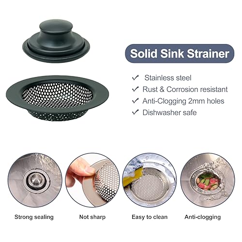 RQYEKDO 4.5" Stainless Sink Strainer Black Food Catcher Drain Plug | Wide anti-rust flared rim, matte dark coating, smooth holes speed drainage, block clogs, easy lift for quick cleaning