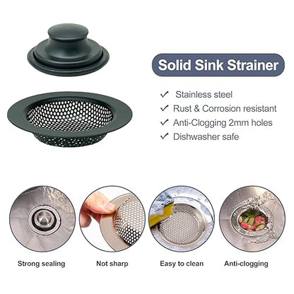 RQYEKDO 4.5" Stainless Sink Strainer Black Food Catcher Drain Plug | Wide anti-rust flared rim, matte dark coating, smooth holes speed drainage, block clogs, easy lift for quick cleaning