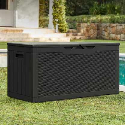 Greesum 100 Gallon Resin Patio Storage Box for Garden Tools, Black | Outdoor Furniture Cushions, Pool Supplies