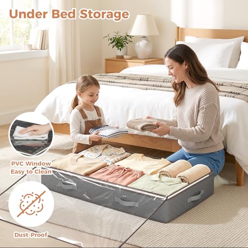 90L Under Bed Storage Containers, 4 Pack Closet Organizers Grey | Foldable underbed storage bins for linen sheets, blanket, clothing, comforter, sweaters, pillows, wrapping paper