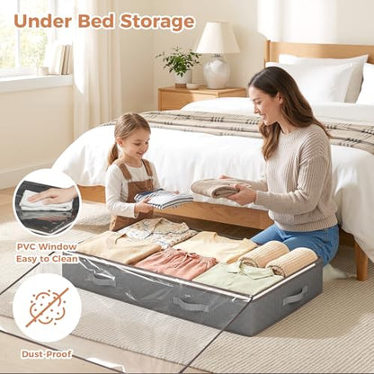90L Under Bed Storage Containers, 4 Pack Closet Organizers Grey | Foldable underbed storage bins for linen sheets, blanket, clothing, comforter, sweaters, pillows, wrapping paper