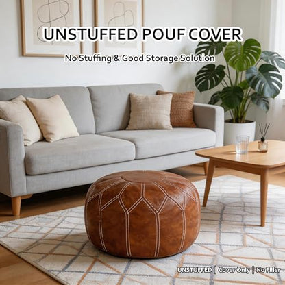 Thgonwid Round Unstuffed Pouf Cover, Faux Leather Storage Ottoman, Boho Moroccan Foot Stool, Multi-Purpose Home Decor for Living Room, Bedroom and Balcony, Brown, No Filling Included