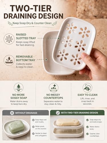 Miamolo Soap Dish for Shower with Drainage, Double Layer Bar Soap Holder, Ceramic Soap Saver Sponge Holder for Bathroom, Tub and Kitchen Sink, Slotted Draining Soap Dishes Extend Soap Life, Beige