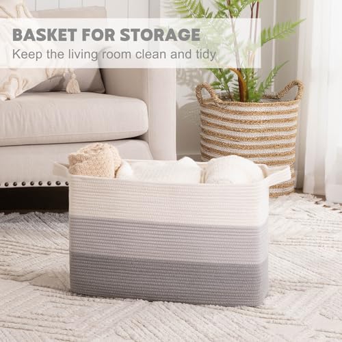 OIAHOMY Extra Large Blanket Basket, 95L Cotton Rope Woven Laundry Basket, Toy Bin for Baby Room, Container for Blanket Storage in Living Room, 24''×17''×14'', Gradient Grey