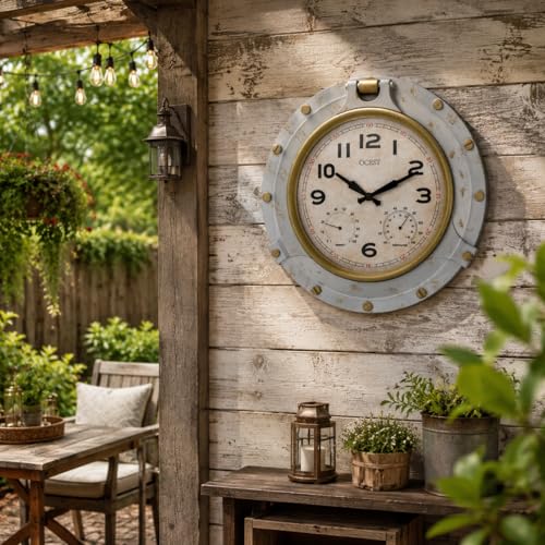 18 Inch Large Outdoor Wall Clock, Thermometer Hygrometer | Waterproof design, silent lightweight build, large easy-read numbers, vintage style for patio, garden, porch, pool, farmhouse