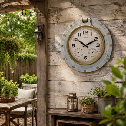 18 Inch Large Outdoor Wall Clock, Thermometer Hygrometer | Waterproof design, silent lightweight build, large easy-read numbers, vintage style for patio, garden, porch, pool, farmhouse