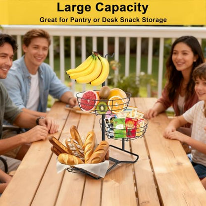 3 Tier Fruit Basket Bowl with 2 Banana Hooks, Solid Metal Standing Vegetable Storage for Kitchen Counter, Large Capacity Organizer for Bread Snack Produce (Black)