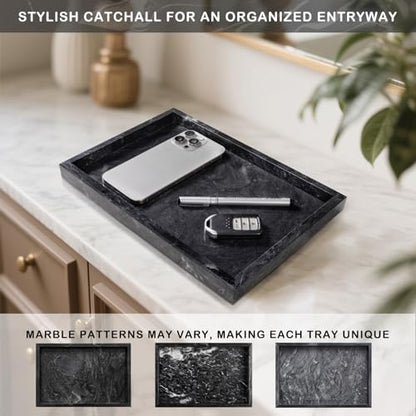 Marble Bathroom Tray for Countertop & Home Decor, Natural Decorative Marble Tray for Jewelry & Perfume Organizer, Luxury Stone Vanity Trays for Dresser, Kitchen Counter, 12" x 8", Gray Black