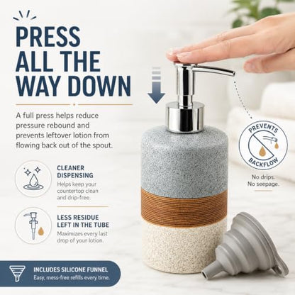 Ceramic Soap Dispenser Set for Hand Soap, Shampoo, Dish Soap, Conditioner, Bathroom & Kitchen, Stainless Steel Pump, Includes Silicone Funnel, 12 Oz, Non-Slip, Elegant Kitchen Decor, Gray