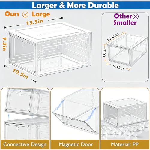 Sturdy Clear Shoe Organizer with Magnetic Door, Stackable Shoe Storage Box | Thick Plastic Shoe Storage for Sneakers & Boots, Collapsible Closet Shoe Rack and Clear Shoe Box, 6 Pack White
