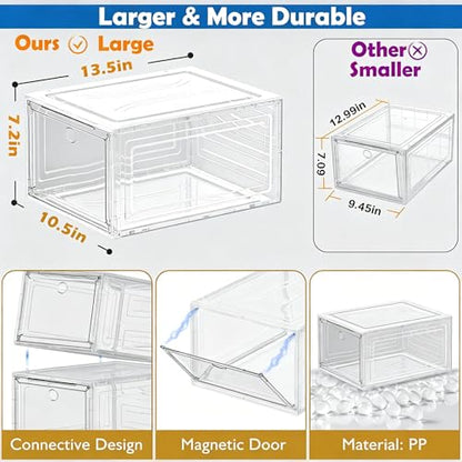 Sturdy Clear Shoe Organizer with Magnetic Door, Stackable Shoe Storage Box | Thick Plastic Shoe Storage for Sneakers & Boots, Collapsible Closet Shoe Rack and Clear Shoe Box, 6 Pack White