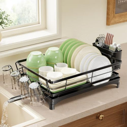 Simple Trending Dish Drying Rack for Kitchen Counter, Stainless Steel Dish Rack, Large Dish Drainer Organizer with Cutlery Holder & Cup Holders, Black