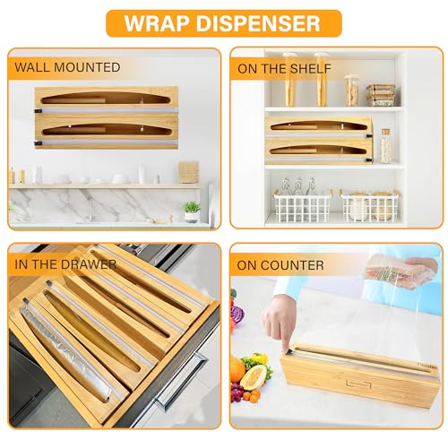 Wrap Organizer Dispenser with Cutter, (2 Piece Set), Fits 12" Rolls, Plastic Wrap, Aluminum Foil, Wax Paper, Saran Wrap, Cling Wrap Holder for Kitchen Storage, Mountable, Bamboo