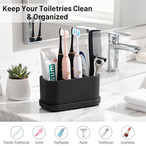Luxspire Toothbrush Holders for Bathrooms, Silicone, 5 Slots, Black | Toothbrush Organizer with Suction Cup Tray, Toothbrush Holder with Drainage for Bathroom Countertop
